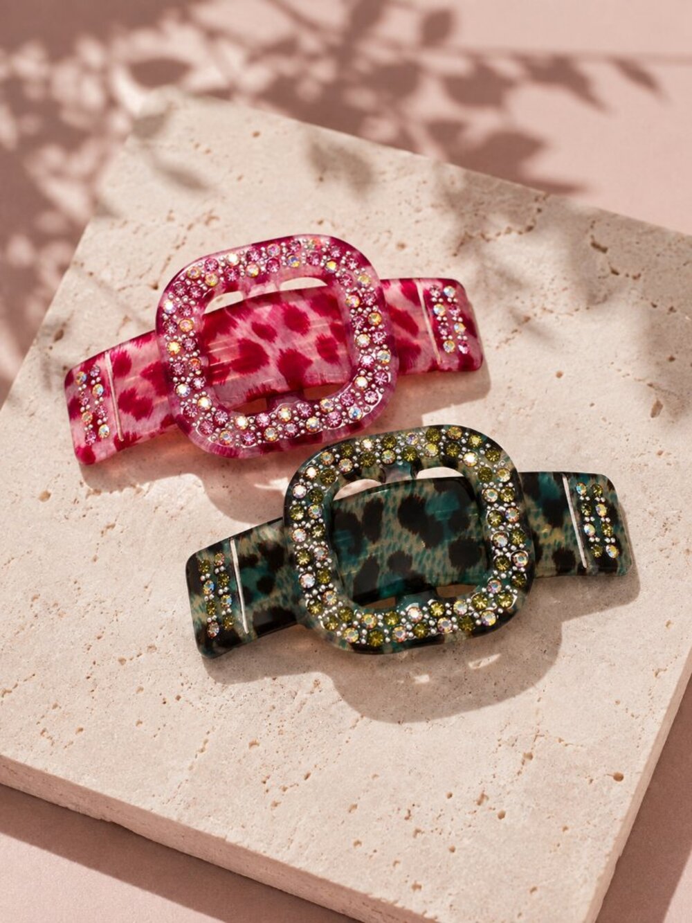 Green Rhinestone Buckle Leopard Print Resin Hair Barrette - Set of 2 - NEW